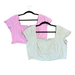 Y2K Hollister Linen Blend Crop top sage & Pink stretch set size XL Lot bundle 2